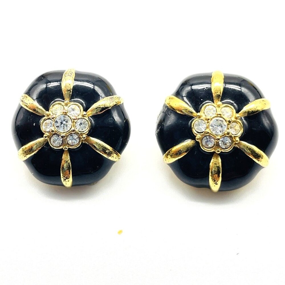 Vintage ATTWOOD UK Clip On Earrings Black Enamel Rhinestone Gold Tone